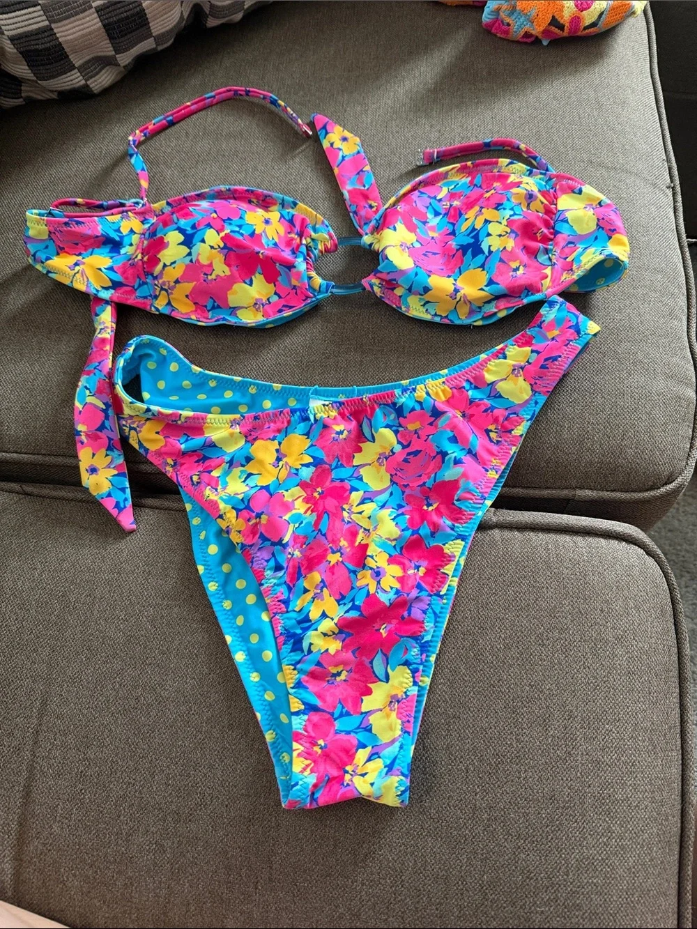Bright Floral Women's Bikini Set in Pink, Yellow & Blue